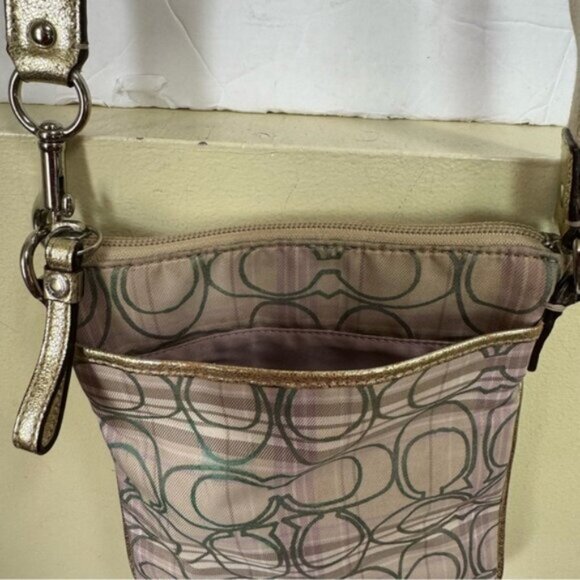 Coach CC Small Crossbody Shoulder Bag Fabric Check Metallic Leather Zip Pocket - Picture 10 of 16